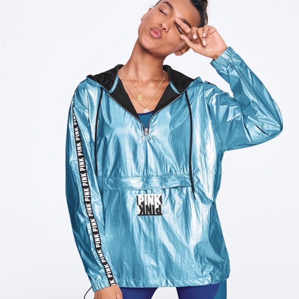 Victoria's Secret PINK Anorak Sport Jacket Hoodie In Metallic Turquoise Size M/L